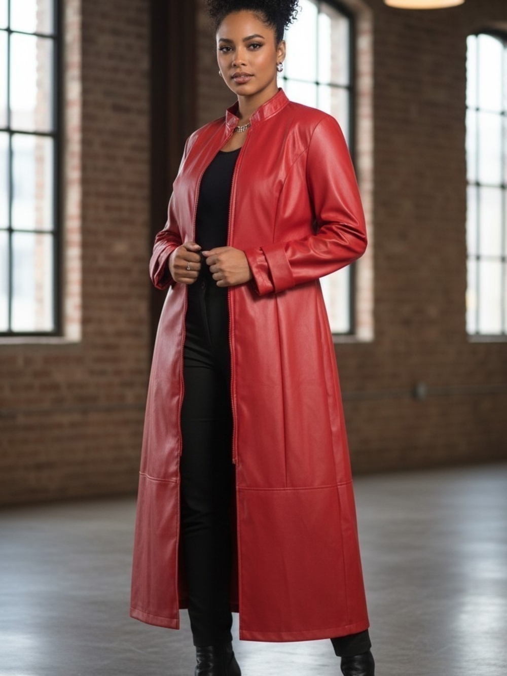 Long Red Faux Leather Trench Coat - Women's